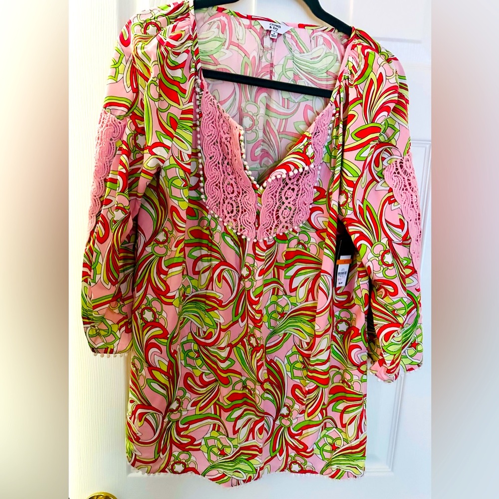 NWT Crown & Ivy Pale Pink, Orange, Green Crochet Tunic Top , Size S